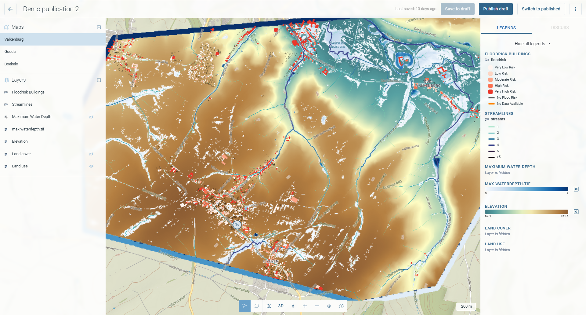 The publication viewer showing a flood depth map